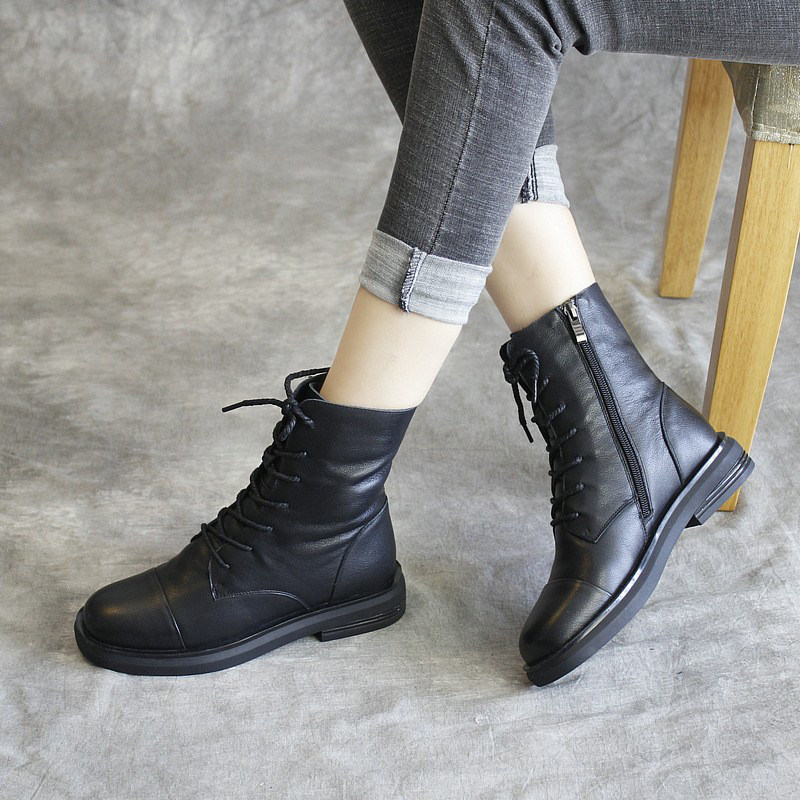 女靴法式2021新款头层牛皮简洁手工真皮短靴女马丁靴低跟矮靴低筒,淘宝优惠券,粉丝福利购,淘宝优惠卷