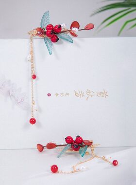 百搭汉复古发夹步摇发饰汉服樱桃古风红色对元素流苏中国风头饰夹