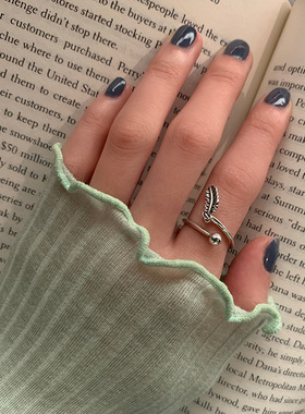 韩版做旧羽毛重工戒指ins潮小众百搭复古简约高级设计感时尚指环