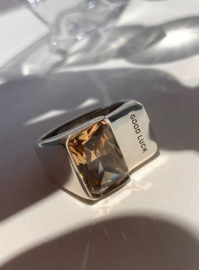 s925纯银luck开口幸运黄钻方钻戒指女小众设计轻奢个性时尚冷淡风