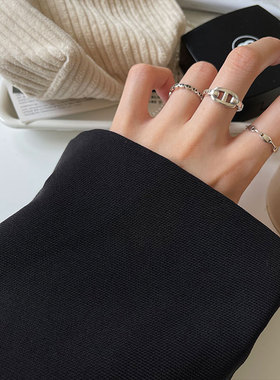 925纯银复古做旧感猪鼻子戒指开口简约时尚百搭小众设计轻奢指环