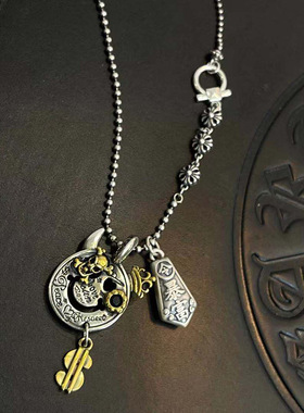 s925纯银独特复古十字花万能链项链女款裸链时尚做旧感可穿吊坠