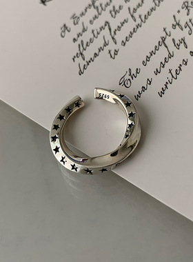 韩国东大门个性气质冷淡风925纯银重工扭结黑五角星开口戒指ins女