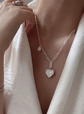 新款s925纯银独特淡水珍珠爱心项链女夏小众设计感高级简约锁骨链