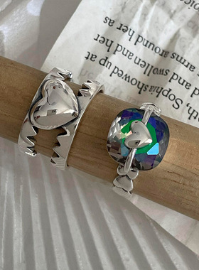 锯齿双层镂空女七彩锆石爱心戒指时尚个性潮人开口指环戒指/指环