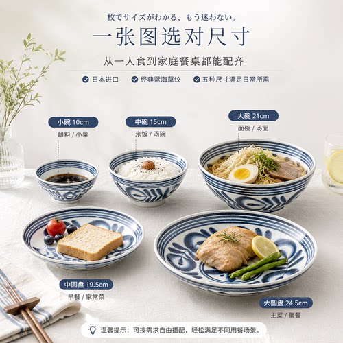 波佐见烧蓝海草日式陶瓷饭碗汤碗斗笠碗进口青花餐具面碗家用面碗 - 图1