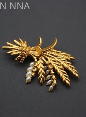 中古淡水珍珠麦穗胸针雾真金素金首饰简约百搭稻穗衣饰别针