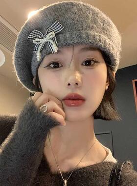 圆顶甜美帽子女蝴蝶结贝雷帽秋冬保暖针织帽大头围休闲百搭毛线帽