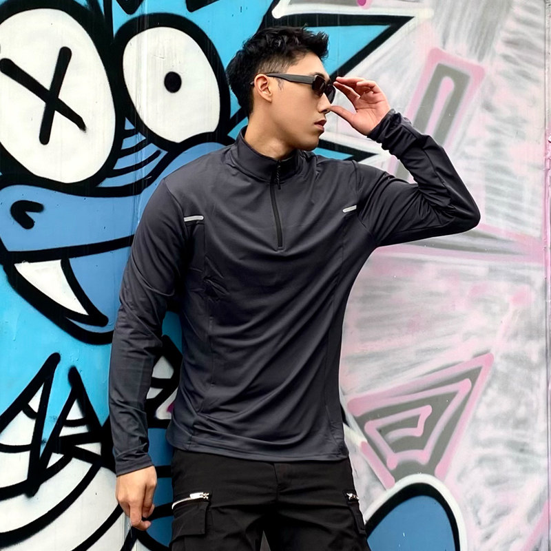 纯色速干半拉链长袖男美式篮球训练服修身户外健身足球服运动t恤,淘宝优惠券,粉丝福利购,淘宝优惠卷