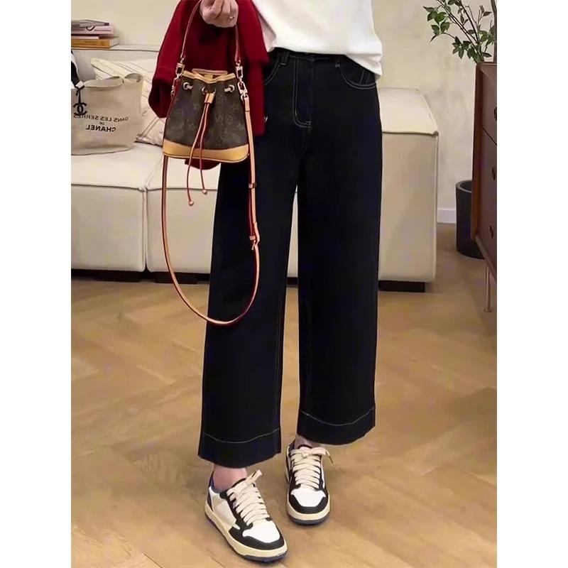 深蓝色直筒牛仔裤女春季大码小个子梨形身材高腰显瘦阔腿九分裤子 - 图3