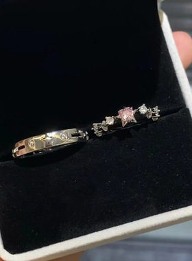 粉色星星男女戒指情侣戒指纯银小众可爱熊素银五角星粉钻520对戒