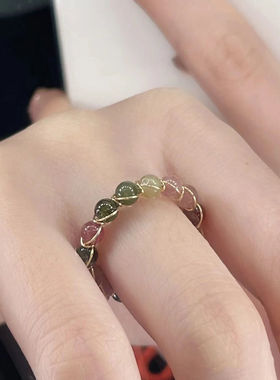 小红书同款彩虹碧玺戒指女时尚多宝串珠戒指小众ins高级感食指戒