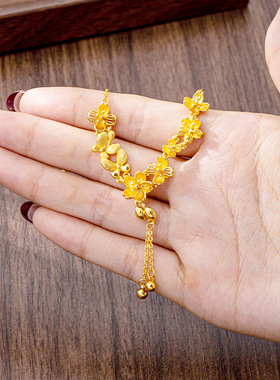 国潮古法沙金锁骨链女奢华镂空花朵拉丝蝴蝶流苏项链潮流百搭饰品