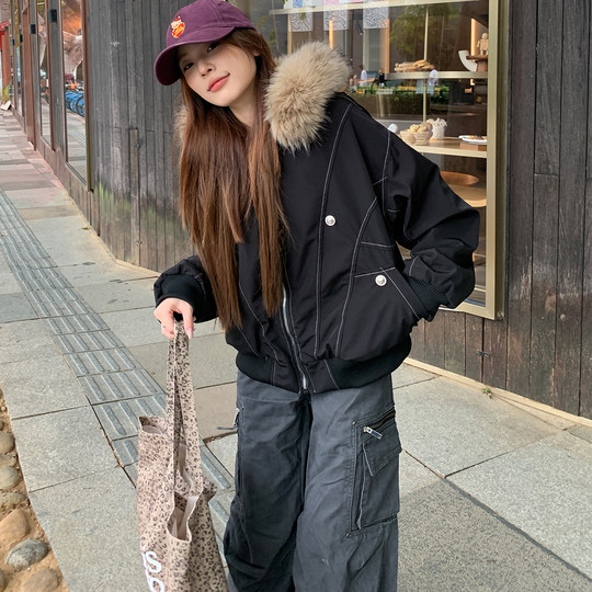 2025复古座山雕可拆卸毛领棉服女冬季派克服宽松加厚短款工装外套