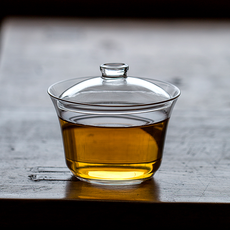 中式加厚玻璃盖碗泡茶杯耐热透明手抓壶不烫手单个带盖茶盏绿茶器