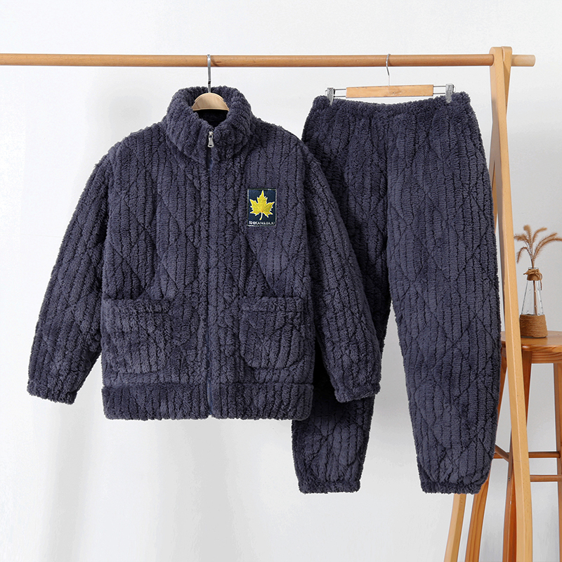 睡衣男冬加厚保暖拉链三层夹棉珊瑚绒大码外穿家居服套装立领纯色,淘宝优惠券,粉丝福利购,淘宝优惠卷