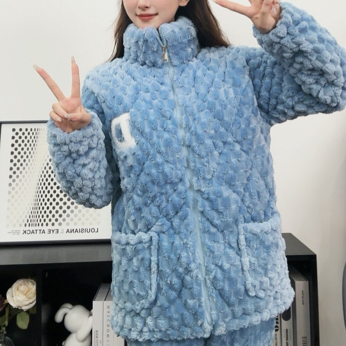 睡衣女冬加厚保暖拉链三层夹棉法兰绒大码外穿家居服套装立领纯色,淘宝优惠券,粉丝福利购,淘宝优惠卷