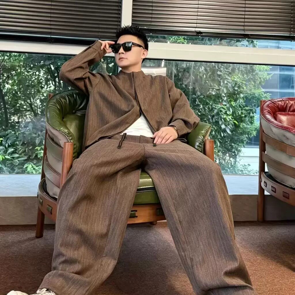 Mr. Jin’s autumn TR yarn-dyed blended herringbone texture casual and versatile double-door jacket + loose scimitar pants