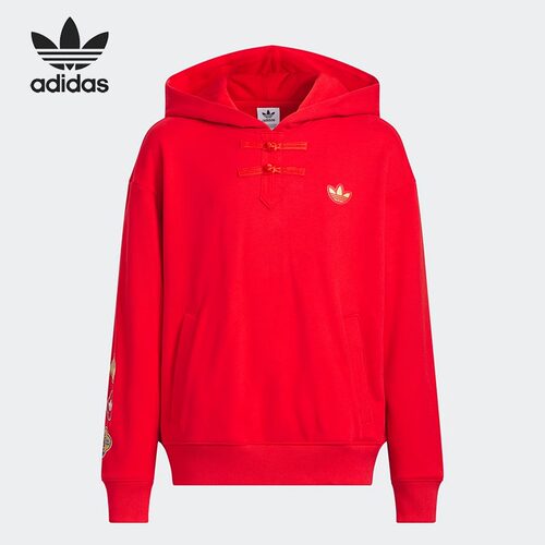 Adidas阿迪达斯三叶草大童卫衣秋冬新款红色中国风连帽休闲套头衫 - 图1
