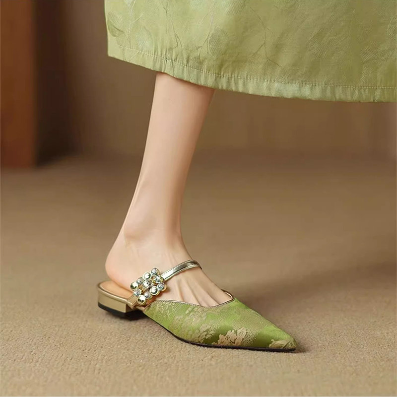 新中式提花水钻低跟半拖鞋女夏季新款一字粗跟尖头懒人包头凉拖鞋,淘宝优惠券,粉丝福利购,淘宝优惠卷