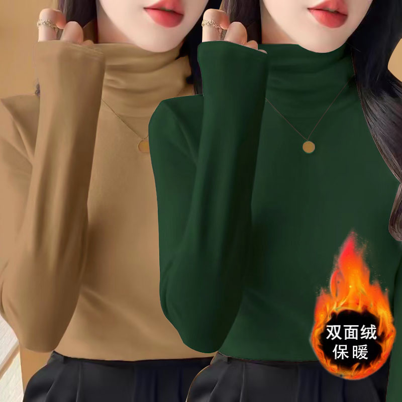 双面德绒秋冬季加厚堆堆领内搭修身打底衫女显瘦护颈洋气上衣潮 - 图0