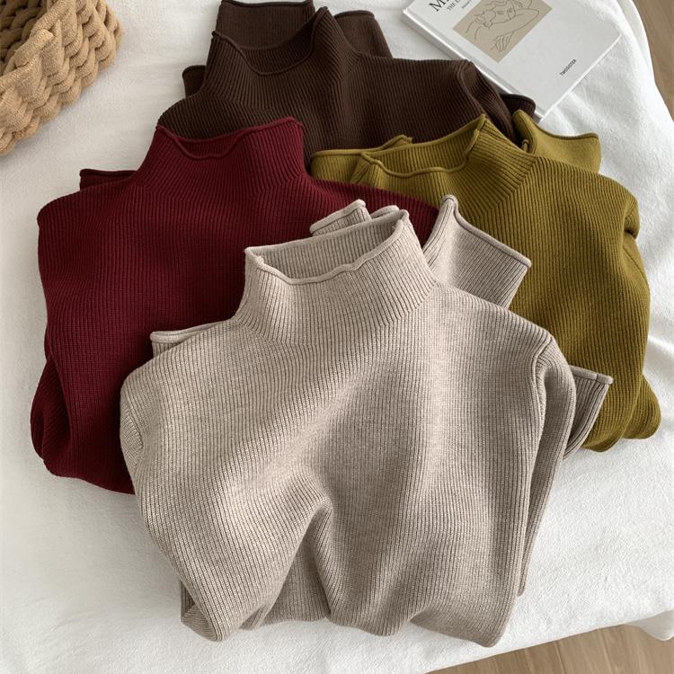 气质显白半高领卷边坑条毛衣女25秋冬宽松保暖基础百搭套头针织衫 - 图1