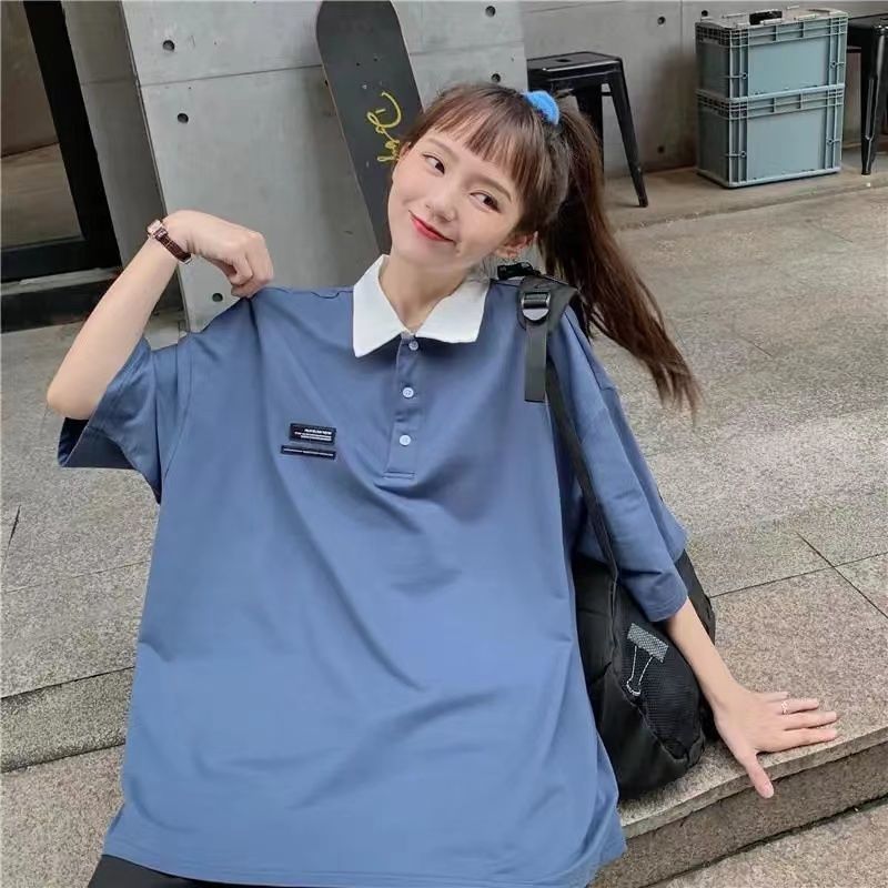纯棉半袖T恤女POLO领短袖中长款上衣