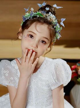 蝴蝶精灵仙子头饰儿童蓝色花环发饰女童演出礼服皇冠王冠发箍