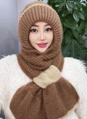 新款帽子围巾一体加绒加厚女冬季毛线编织风雪帽松鼠绒保暖网红帽