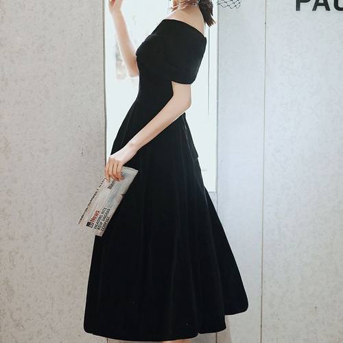 黑色晚礼服裙女显瘦大码一字肩宴会气质时尚年会礼服长款小个子秋 - 图1