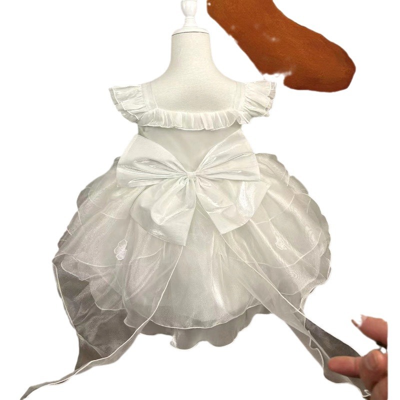 儿童礼服白色蓬蓬公主连衣裙花嫁女宝宝生日宴花童婚纱表演 - 图3