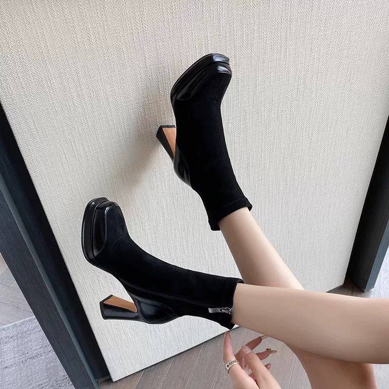 春秋新款高跟长靴女粗跟显瘦弹力绒面高筒瘦瘦靴长筒靴粗腿大筒围,淘宝优惠券,粉丝福利购,淘宝优惠卷