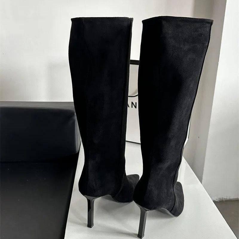 宽筒大筒围黑色堆堆靴女2025年春秋新款尖头高跟长靴细跟高筒靴子 - 图0