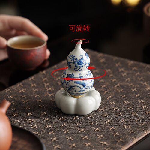 青花汝窑旋转葫芦茶宠摆件精品可养茶盘茶玩茶具桌面中式高端装饰 - 图2