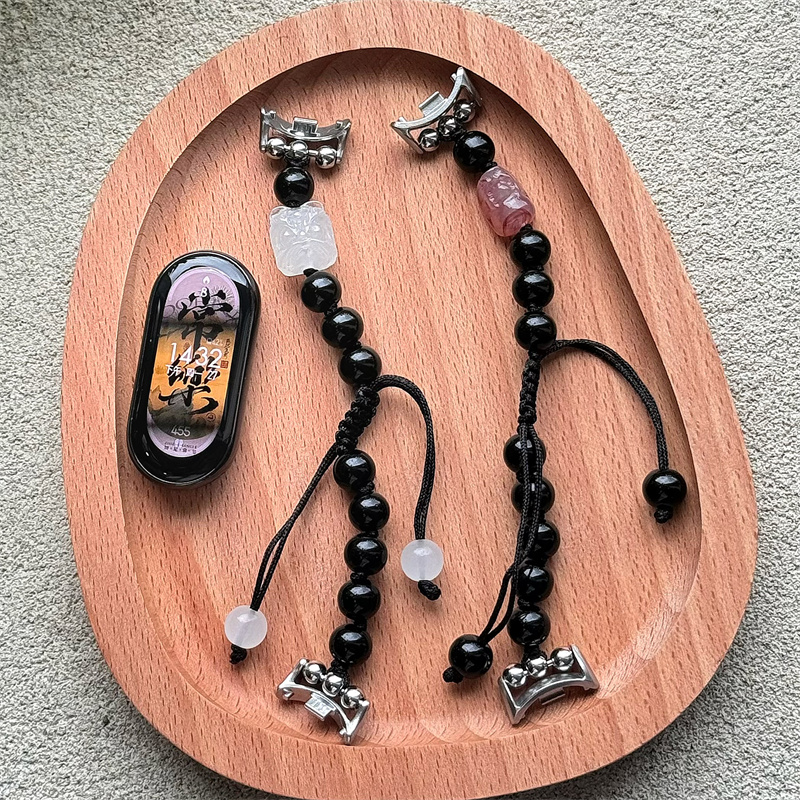 新中式编绳醒狮适用小米手环10/8NFC表带黑曜石串珠9pro765腕带女 - 图0