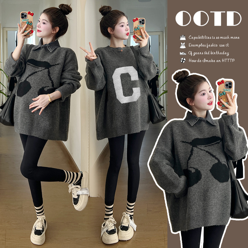 大码孕妇毛衣秋冬加厚假两件时尚宽松百搭针织衫上衣200斤套装潮 - 图0