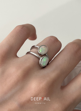 天然白欧泊纯银镶嵌戒指可调节