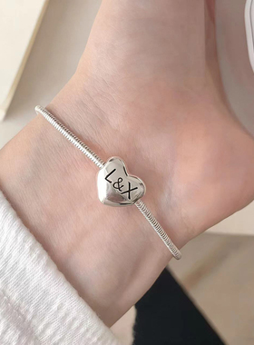 可定制刻字母韩版极简重工手链S925纯银爱心蛇骨链高级感轻奢百搭