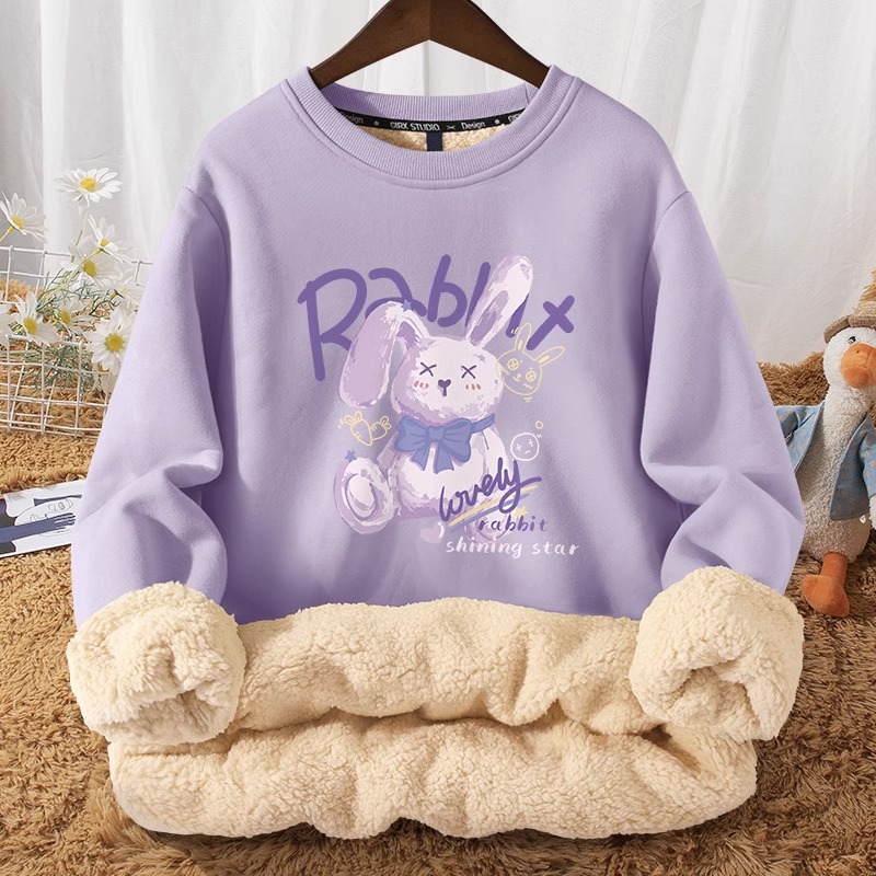 羊羔绒圆领卫衣女秋冬季女装新款加绒加厚小个子冬款上衣厚外套潮 - 图2