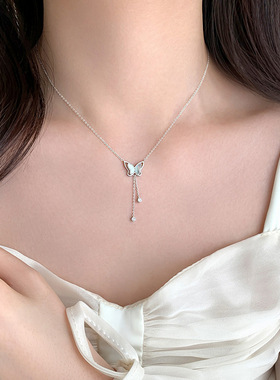 S925纯银蝴蝶项链女锁骨链小众设计冬2024新款轻奢毛衣链刻字礼盒