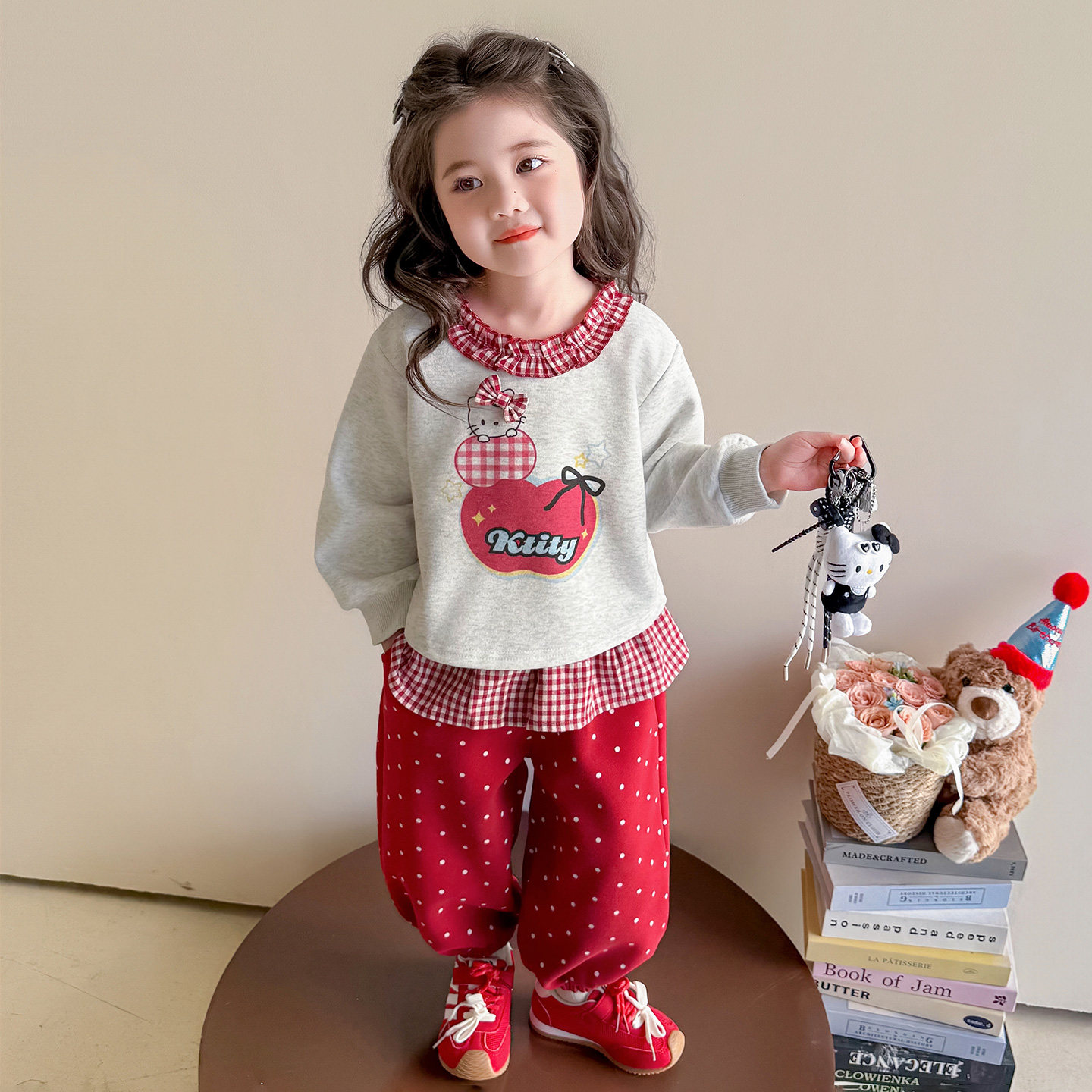 女童套装春秋季儿童纯棉花边卫衣波点裤子两件套韩版女孩宝宝春装,淘宝优惠券,粉丝福利购,淘宝优惠卷