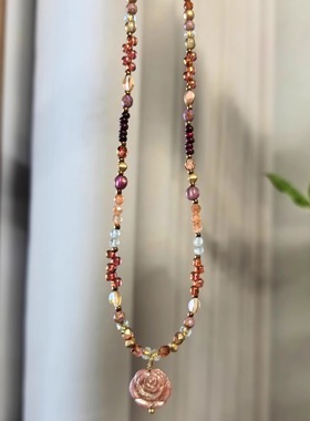 原创设计复古手工琉璃项链女小众设计感高级锁骨链玫瑰花