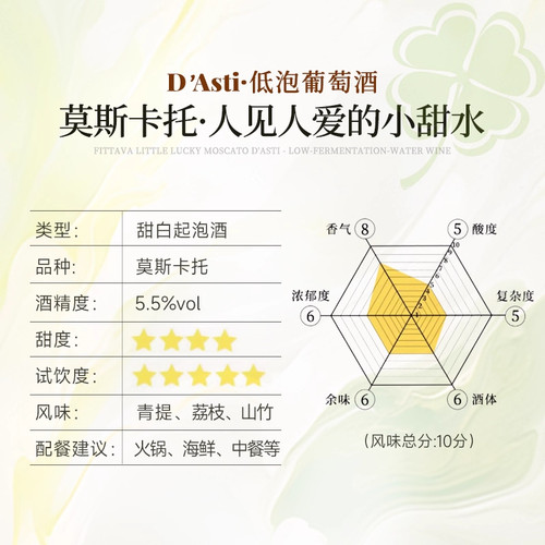 【自营】意大利起泡酒莫斯卡托阿斯蒂DOCG香槟甜白葡萄酒气泡酒 - 图2