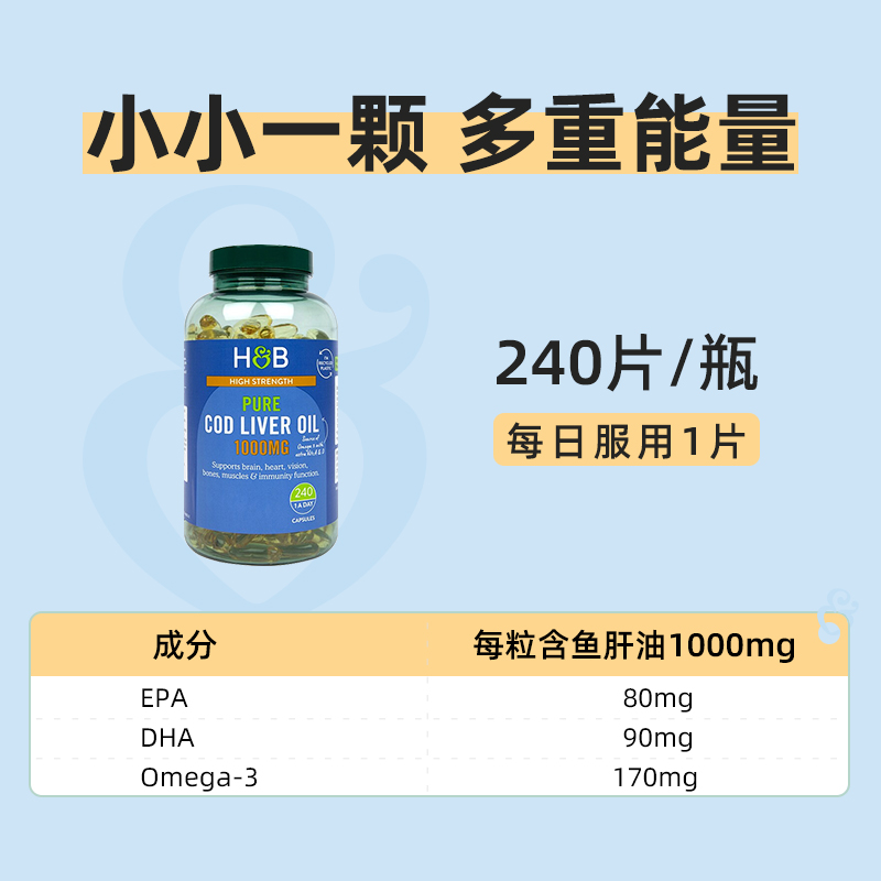 【自营】英国hb荷柏瑞鳕鱼肝油鱼油软胶囊omega3成人dha240粒官方 - 图0