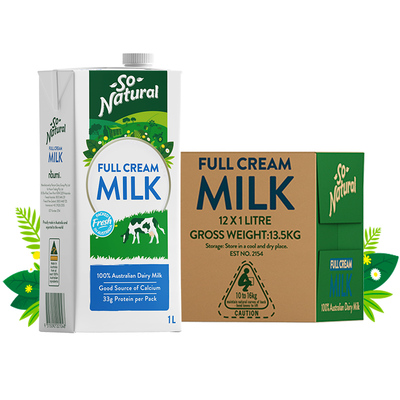 【自营】So Natural澳伯顿澳洲进口全脂纯牛奶1L*12整箱早餐奶