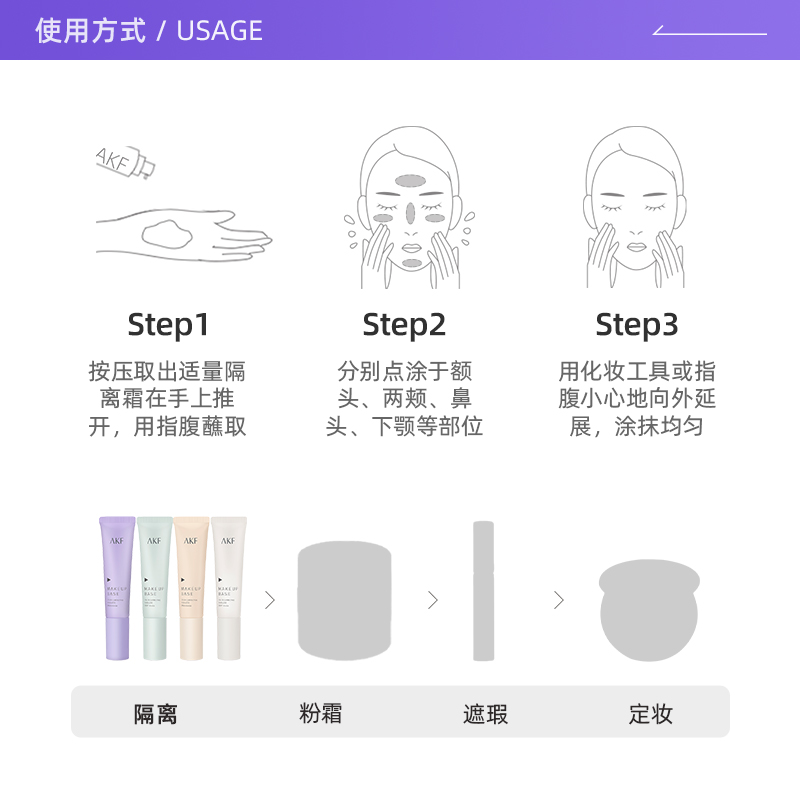 【自营】AKF隔离霜紫色妆前乳打底遮瑕素颜霜控油提亮肤色隐毛孔 - 图2