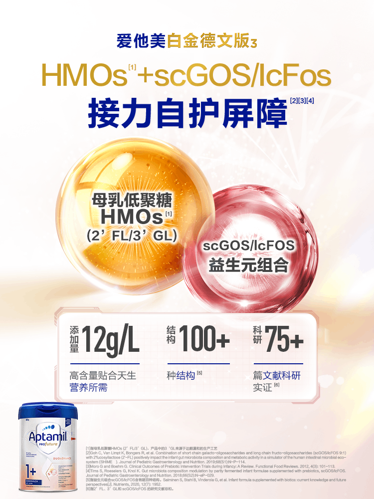 【自营】爱他美白金德文版3双重HMO婴儿配方奶粉1+段1岁以上*6罐