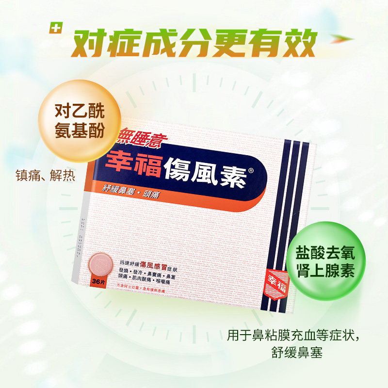 【自营】中国香港幸福无睡意伤风素36片伤风感冒发烧感冒药进口