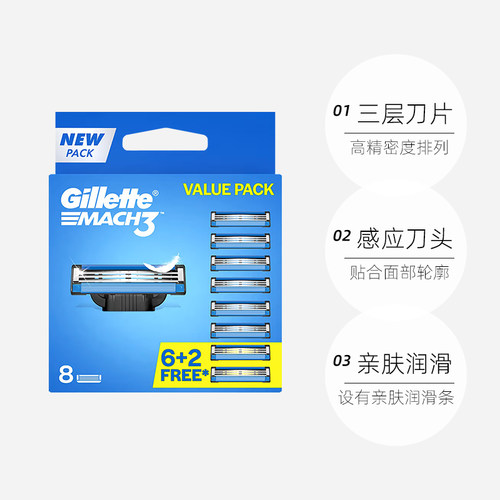 【自营】Gillette/吉列MACH3 锋速3剃须刀头 3层刀片8刀片装 - 图0