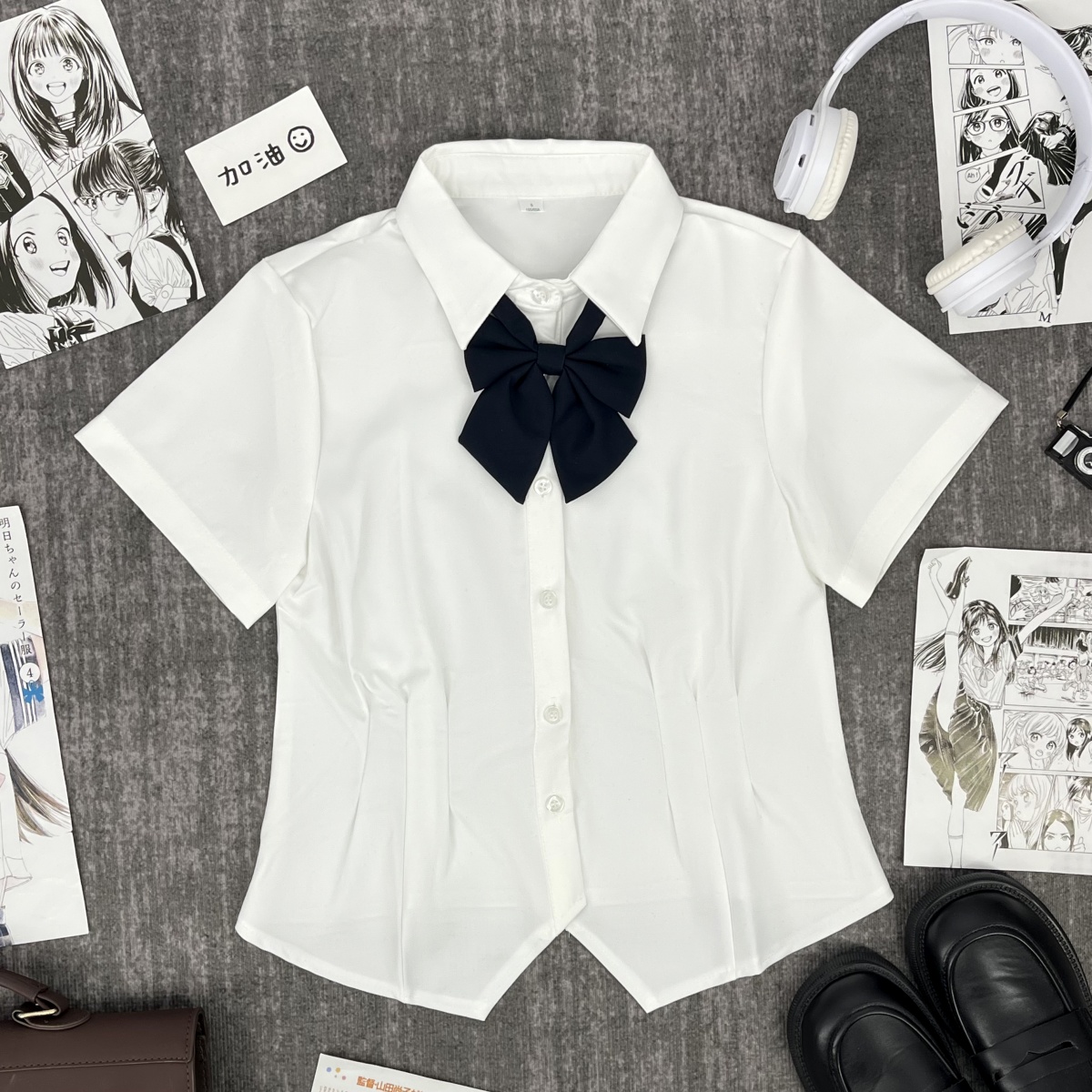 樱奈家尖领收腰显瘦白衬衫日系纯欲风JK制服单排扣女衬衣短裙套装 - 图1